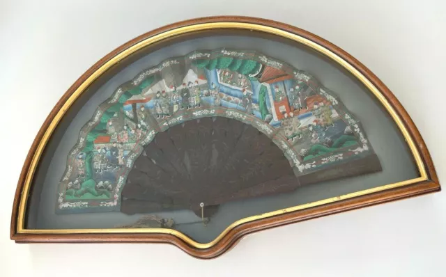 Antique China Chinese Handfan Brise Fan Mandarin Qing Gold 1000 Faces Lacquer