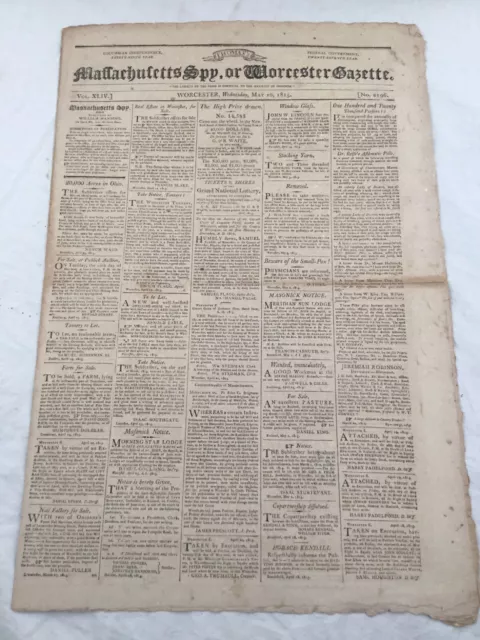 Massachusetts Spy or Worceser Gazette May 17th 1815 Vintage Newspaper Antique