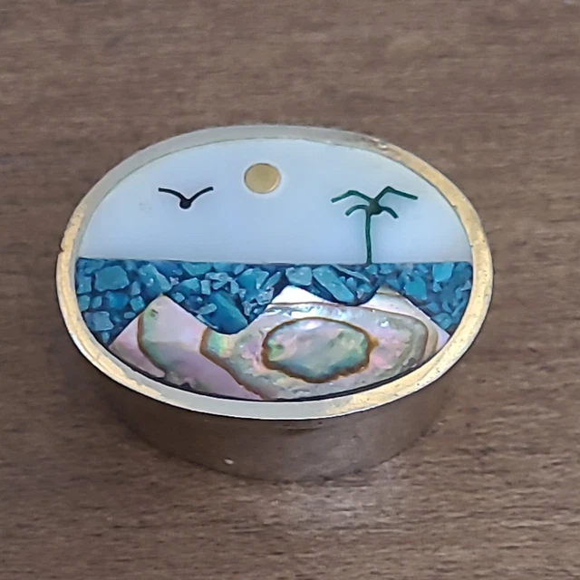 Vintage Alpaca Mexico Pill Trinket Box Beach Scene Abalone Inlay Hinged Lid