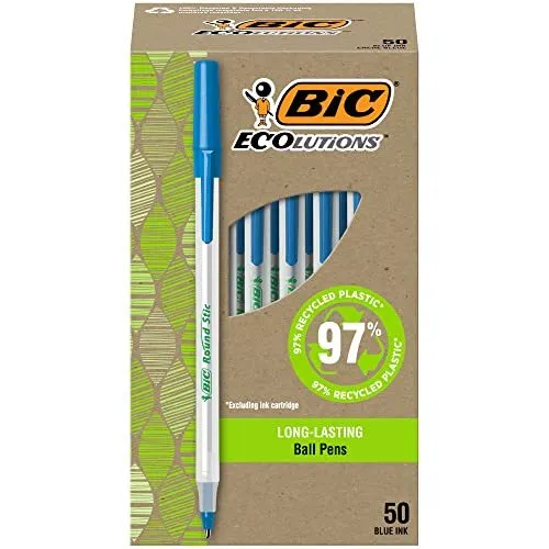 BIC Ecolutions Round Stic Ballpoint Pen, Medium Point (1.0mm), Blue, 50-Count,