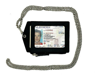 Brown Premium Genuine Leather ID Badge Holder Lanyard Metal Chain Zip Wallet