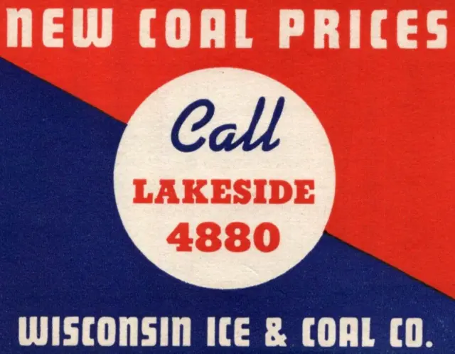 C1930-40 Lakeside Wisconsin Ice Coal Company Advertising Ink Blotter Card Unused