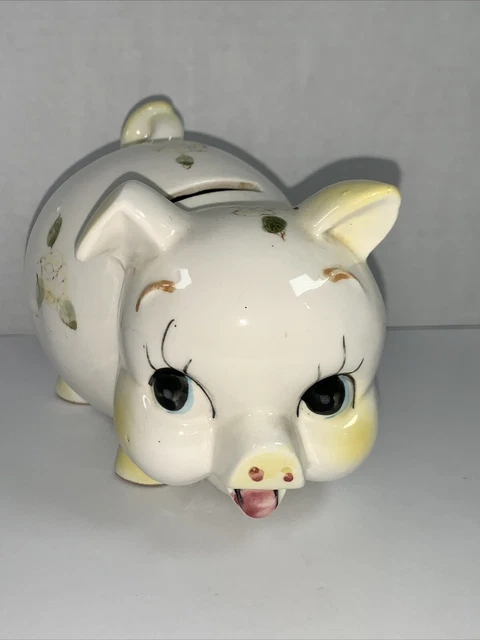 Anthropologie Figural Pig Piggy Coin Savings Bank With Yellow Flowers.