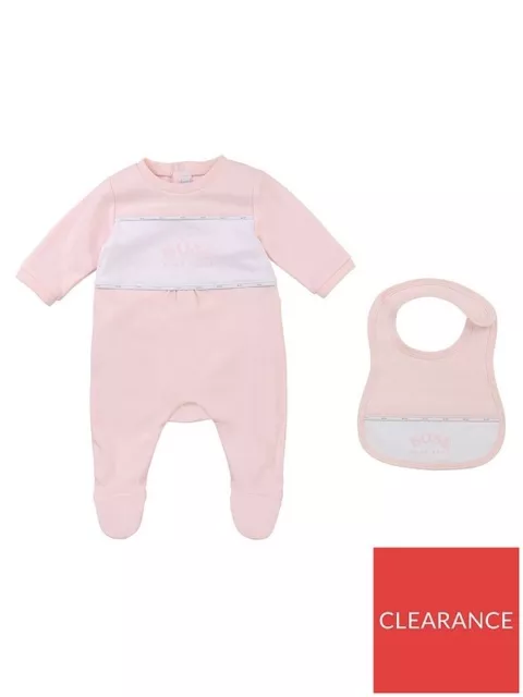 HUGO BOSS Baby Set Romper Girl Sleepsuit & Bib 2 Piece Pink Gift Set 12 Months