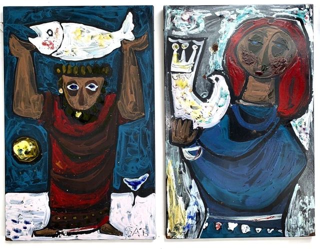 Pair Mid Century Outsider Art Original Enamel On Metal Man w Fish Woman w Dove
