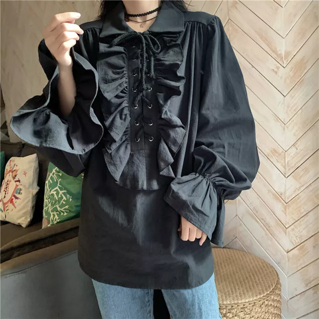 Casual Lady Ruffles Lace Up Shirt Blouse Tops Lolita Gothic Loose Puff Sleev