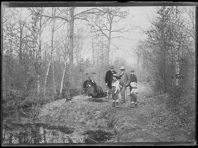Plaque verre photo ancienne négatif noir et blanc 6x9 cm forêt famille France