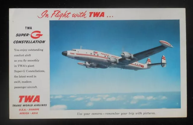 1950s Trans World Airlines Super-G Constellation Airplane Old Plane Postcard