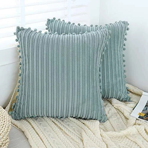 Pillow Covers 18x18 inch with Pom-poms Set of 2 18 x 18-Inch Grey Blue