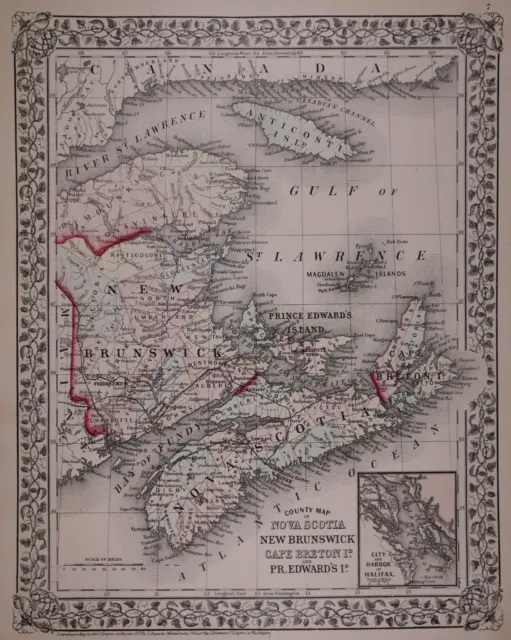 Authentic 1878 Mitchell's Atlas Map ~ NOVA SCOTIA, NEW BRUNSWICK  ~ FreeS&H