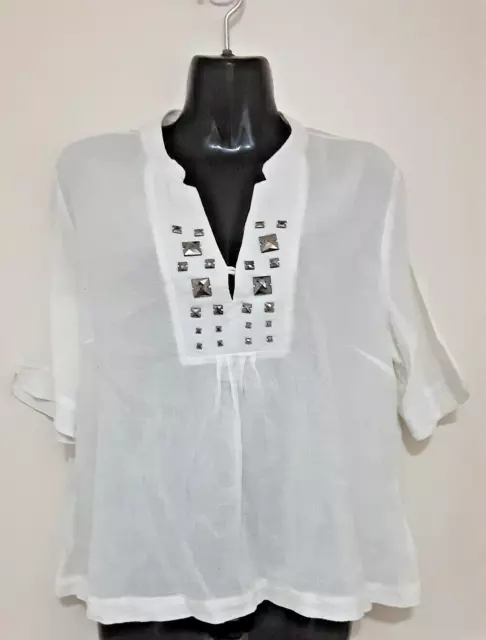 Size 14 Womens White Beaded Neckline Mandarin Collar 'Liz Jordan' Top