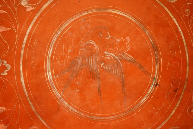 Antique Red Burmese Lacquered Tray Plate Floral Parrot Oval Shape Decorative "08 3