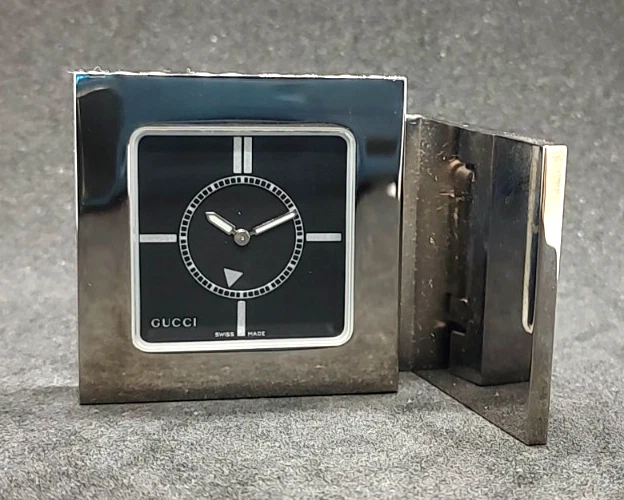 GUCCI 0840 VINTAGE S/S Table Travel Alarm Clock, New Battery,Runs
