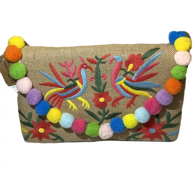 Hello 3AM Embroidered Clutch Burlap Birds Rainbow Pride PomPom Purse Gold, NWT