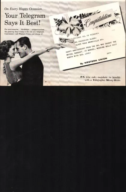 1959 ORIGINAL VINTAGE WESTERN UNION TELEGRAM MAGAZINE sexy couple  AD  b5