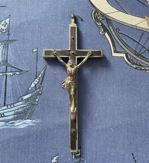 Antique French pectoral cross inlaid Ebony wood 7” Silver Crucifix Black 1800s L