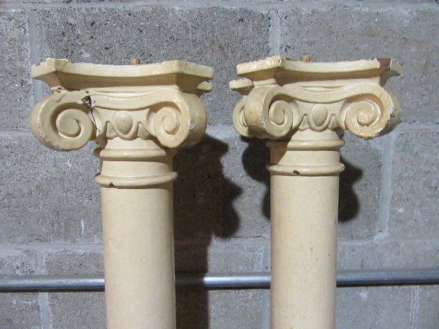 ~ Pair Antique Cherry Wood Columns With Ornate Capitals ~ 30" ~ Salvage 4