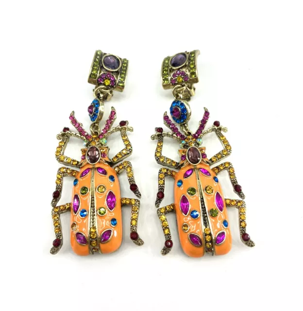 Heidi Daus Big Critter Crystal and Enamel Beetle Chandelier Earrings Clip On