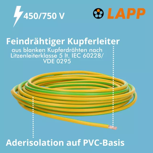 10 Meter Lapp Kabel 4520004 PVC Einzelader H07V -K 6,0 mm² gr / ge Leitung Litze 2