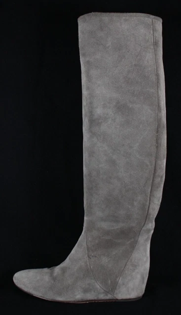 LANVIN Ash Gray Suede Round-Toe Hidden Wedge Mid-Heel Knee-High Boots 37