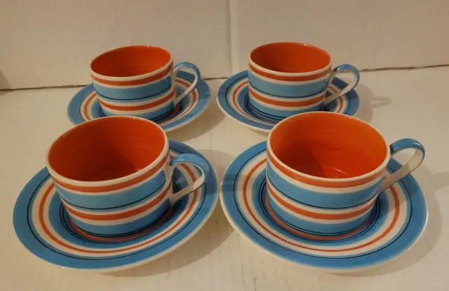 Whittard of Chelsea Hand Painted Red, White, and Blue Stripe Cup and Saucer x 4
