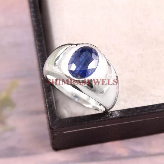 Saphir Naturel Bleu Pierre Précieuse Avec 925 Bague en Argent pour Homme #224