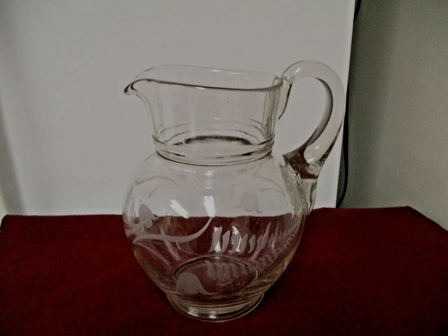 Older Clear Etched Glass Pitcher-Floral & Fern-Water, Lemonade, Ice Tea etc
