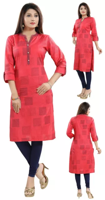 Women Ethnic Kurti Tunic Kurta Shirt Dress Cotton Pink Top Kameez Printed MM188