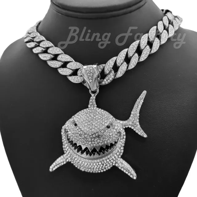 Silver Plated Alloy Iced Shark Pendant Cubic Zirconia Iced Cuban Chain Necklace