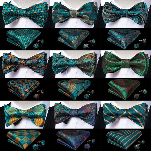 Black Gold Blue Selftied Silk 3PCS Mens Bow Tie Pocket Square Cufflinks Set Gift