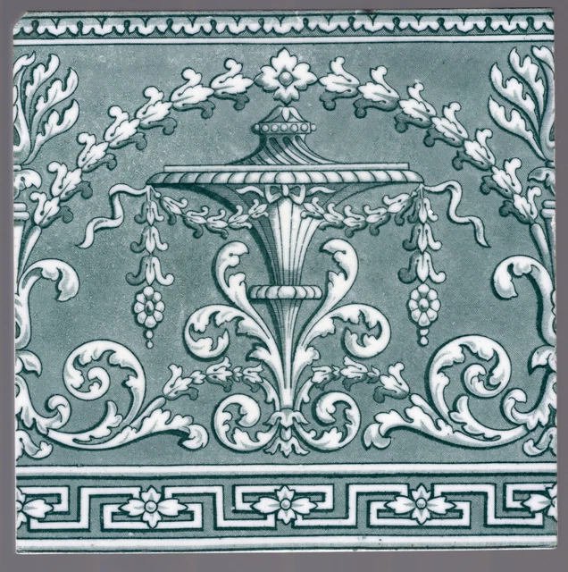 Minton, Hollins, & Co - c1886 - Geen NeoClassical Swag - Antique Victorian Tile
