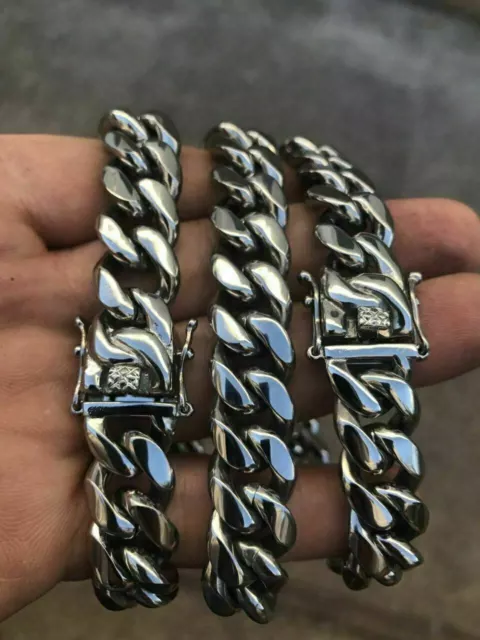 ENSEMBLE 14 mm bracelet et chaîne à maillons cubains pour hommes en acier inoxydable tout comme l'argent 3