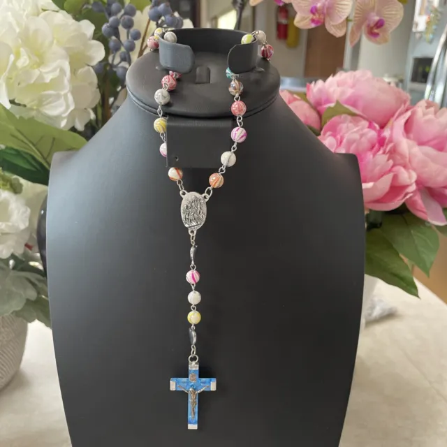 Our Lady Of Lourdes French Crucifix Multicolored Beads Rosary Vintage