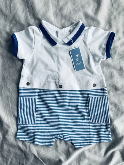 NWT Jacadi Baby Blue White Striped One Piece Outfit Shorts 3 Months Collar NEW