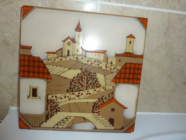 Italian Terracotta Pottery 25.2Cm Art Tile - Hillside Village & Church Landscape