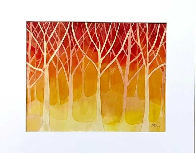 Painting Watercolor Art Trees Autumn Landscape 11X14 Red Orange Yellow 16X20 Mat