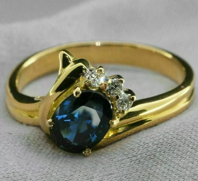 Blue Sapphire Diamond Lab Created 2Ct Oval Wedding Ring 14K Yellow Gold Plated