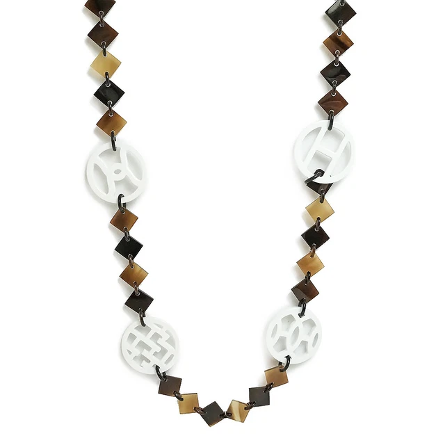 Showpiece Hermes Buffalo Horn Diva Deva Long Necklace Tea Brown White With Box