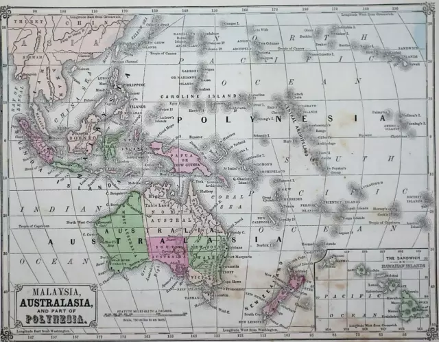 Old 1860 Cowperthwait Map ~ POLYNESIA, AUSTRALASIA, MALAYSIA ~ Free S&H ~Inv#346