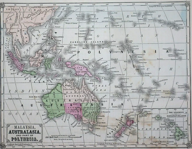 Old 1860 Cowperthwait Map ~ POLYNESIA, AUSTRALASIA, MALAYSIA ~ Free S&H ~Inv#346