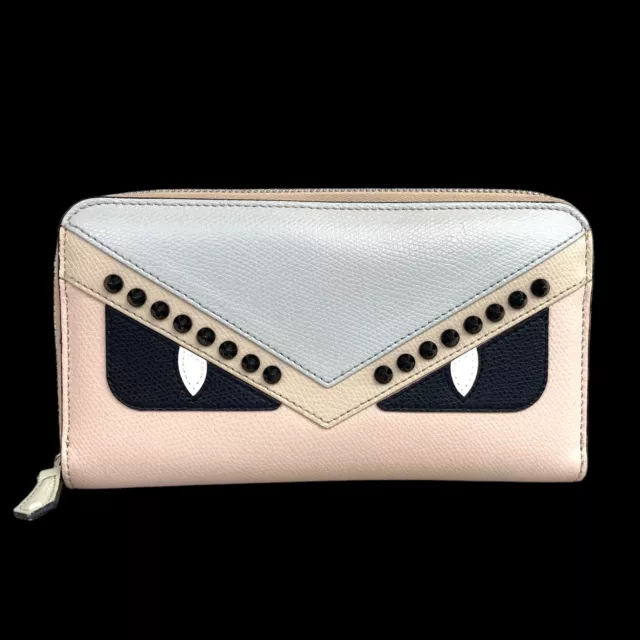 FENDI Wallet Long Wallet Monster Bugs Eye Round Zipper Leather Pink Authentic