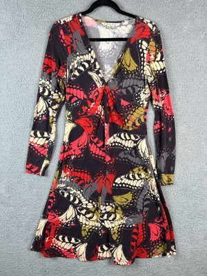 Cabi Dress Womens Medium Maxi Orange Brown Floral V Neck Long Sleeve Stretch