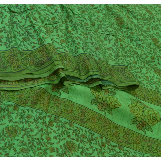 Sanskriti Vintage Sarees Indian Green Pure Silk Block Printed Sari Craft Fabric