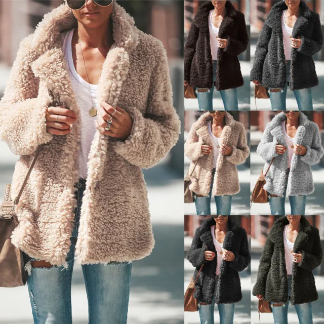 Womens Ladies Teddy Bear Jacket Fleece Coat Winter Warm Faux Fur Fluffy Outwear-