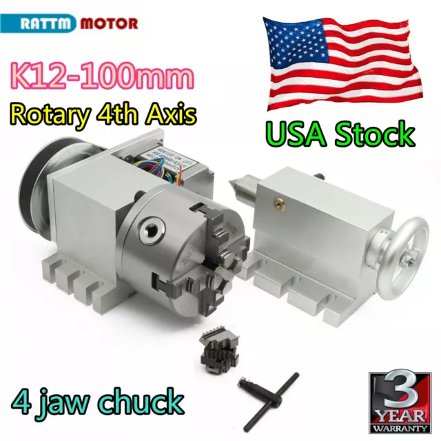 〖US〗CNC Rotation 4th Axis 100mm 4 Jaw Chuck Rotary Table with MT2 65mm Tailstock