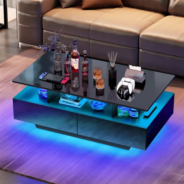 Black LED Coffee Table Modern High Gloss Center Table with Storage Drawers