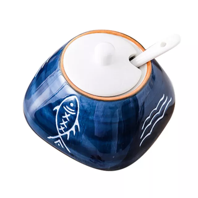 Blue Ceramic Condiment Jar with Lid - Japanese Style Seasoning Box-RP