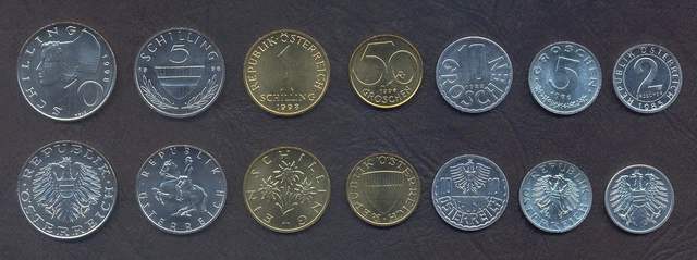 AUSTRIA FULL COIN SET 2+5+10+50 Groschen +1+5+10 Schilling 1982-98 UNC LOT of 7