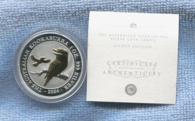 2004 $1 Kookaburra 1oz Silver Coin Gold Gilded Edition in Capsule & COA G-528