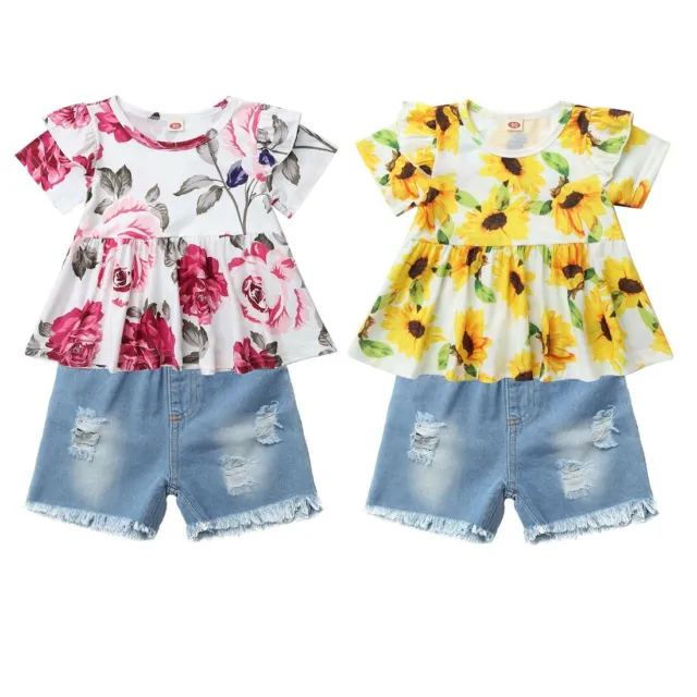 Toddler Baby Girls Outfits Flower Short Sleeves Tops T-Shirt Shorts 2PCS Clothes